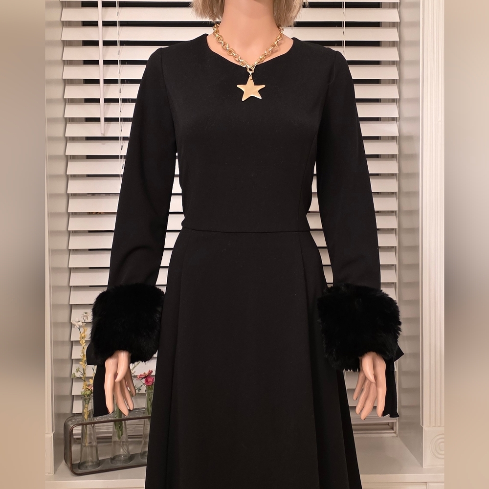 Calvin Klein Black Long Sleeve Dress with Fur Cuffs